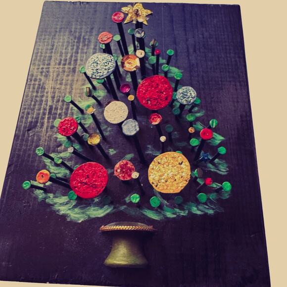 Vintage Handmade Nail Art Christmas Tree Plaque | Mixed Media Wood Decor - Picture 2 of 11